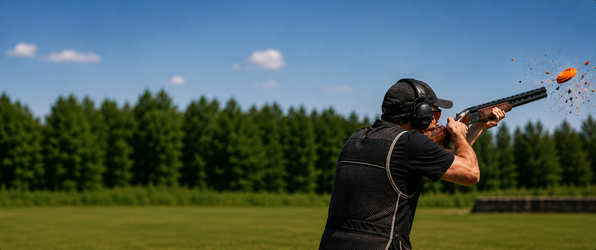 Sport shooter aiming shotgun with shattering clay target